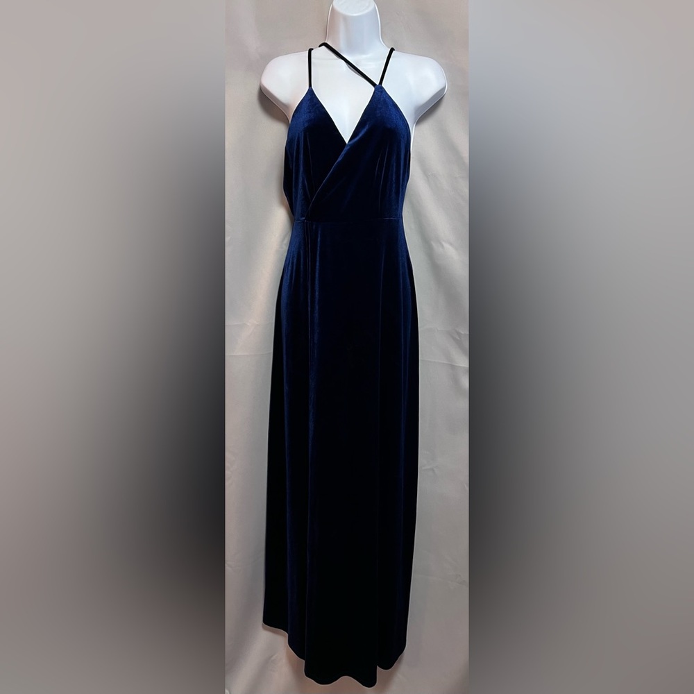 LULUS Rare beauty Navy Blue Velvet Backless Open Front Maxi Dress Size MEDIUM